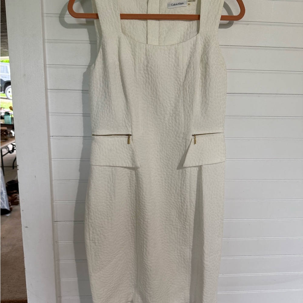 Calvin Klein Tan and White Sheath Mini Dress Sleeveless Square Neck